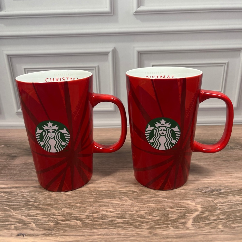 Starbucks Coffee Mugs Set of 2 12oz Red Christmas Blend 2014 Holiday Siren Logo